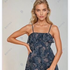 Aritzia Wilfred Free Silk Dress Blue Floral Spagetti Strap Ruffle Mini Summer Si